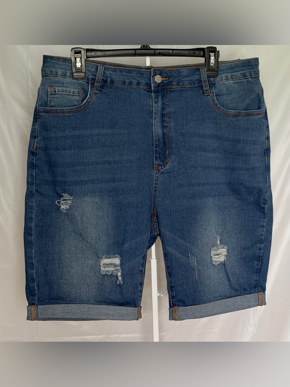High Rise Distressed Denim Bermuda Shorts 2XL Stretch Cuffed